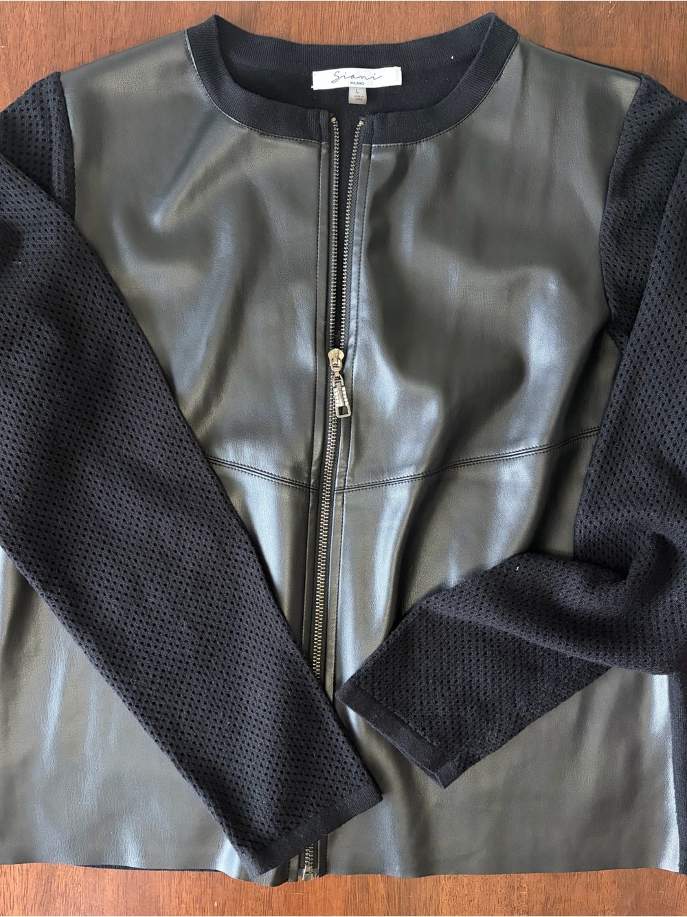 Sioni Black Faux Leather Zip Jacket with Knit Sleeves